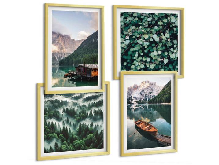BILDER SET 4er Set - 50x50 cm & 40x60 cm Goldrahmen - Nebel auf dem Bergsee, Bootsfahrten, Nebel