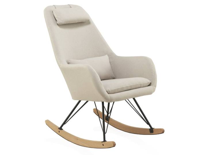 Fauteuil à bascule tapissé, pieds en métal et piétement luge en hêtre
