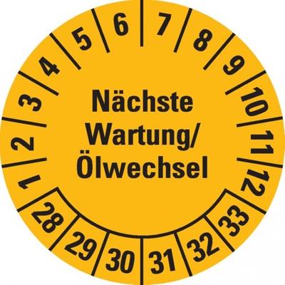 Dreifke® Prüfplakette Nächste Wartung/Ölwechsel 28-33, gelb, Dokumentenfolie, Ø30mm, 18 Stk.