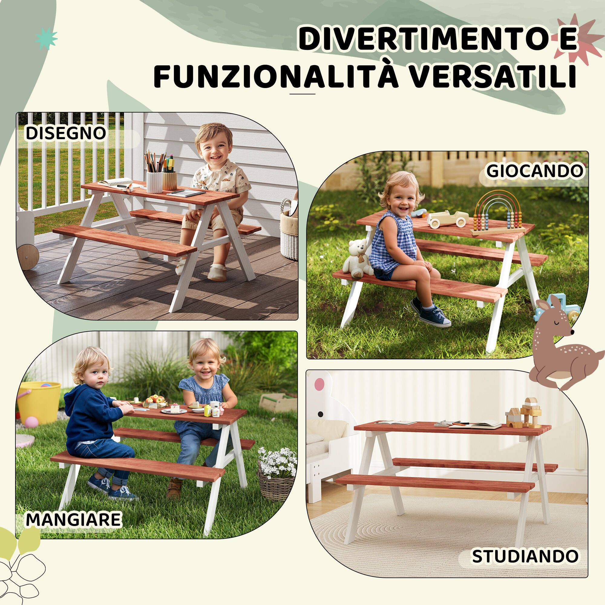 Altro Set Tavolo Da Picnic Per Bambini 3-8 Anni Con Panche In Legno, 89x79x50 Cm, Marrone