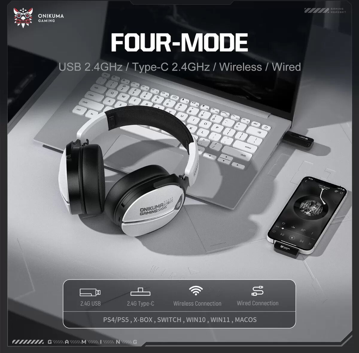 INF Kabelloses Over-Ear Gaming Headset Tri-Mode (Bluetooth 5.3 / 2.4G / Kabel) - Lange Akkulaufzeit, Geringe Latenz, Weiß
