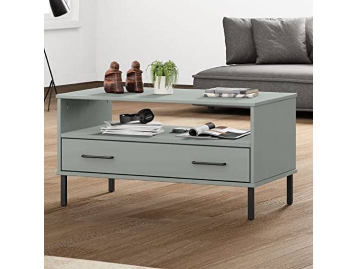 HEFZGDB Couchtisch Oslo mit Metallbeinen Grau 85x50x45 cm Massivholz Kiefer rustikal offenes Fach Schublade Stauraum Wohnzimmertisch Beistelltisch
