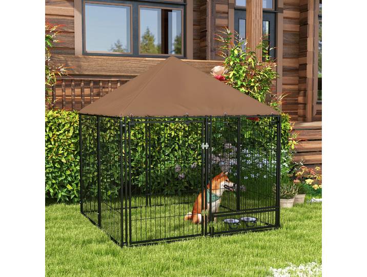 PawHut Chenil Chiens Extérieur Métal Oxford Toit Résistant