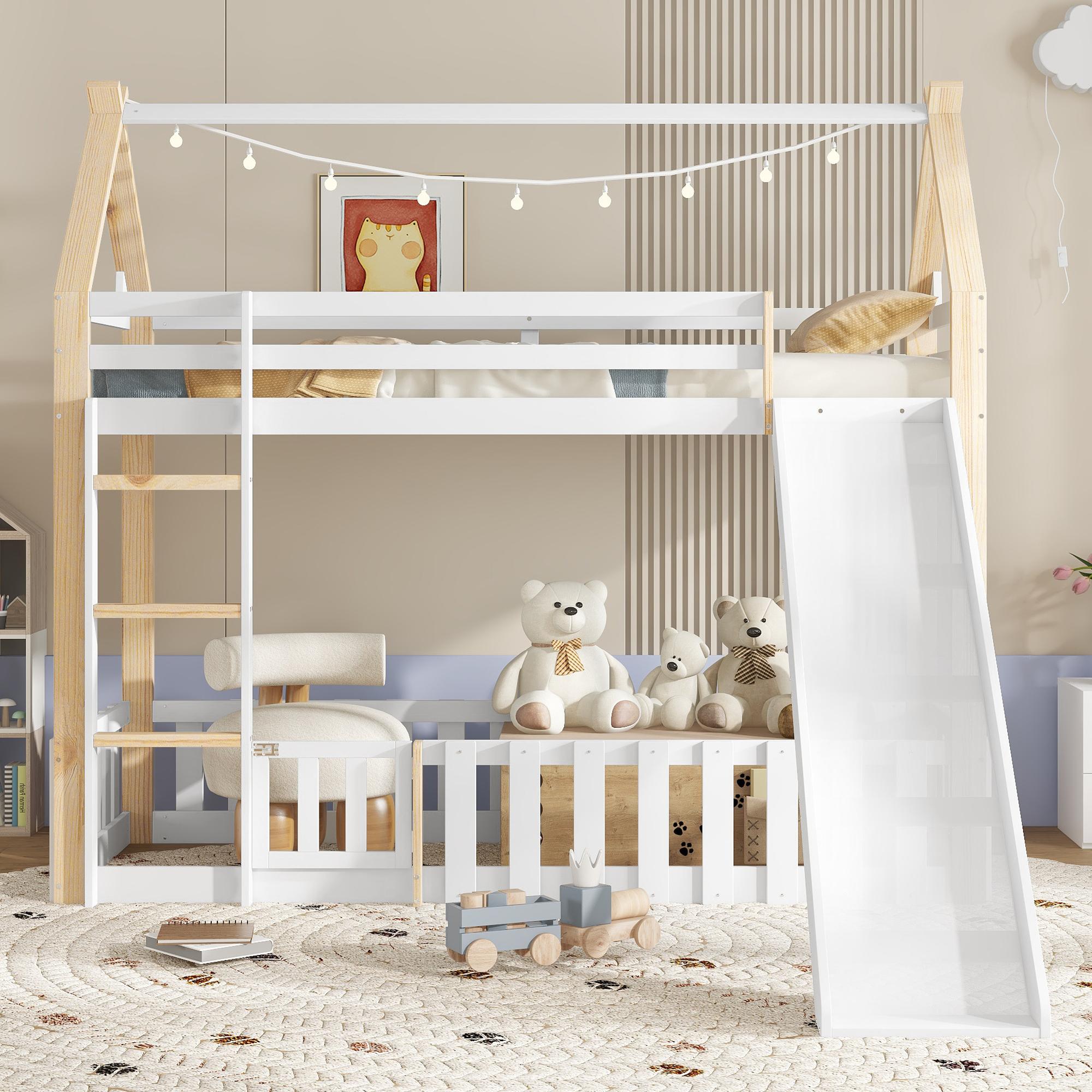 Etagenbett, Kinderbett, Exquisite Dachform, Mit Lustige Kinderrutsche, Freier Raum mit Zaun, Stabile Lattenroste und Leiter, Kiefer + MDF + Sperrholz
