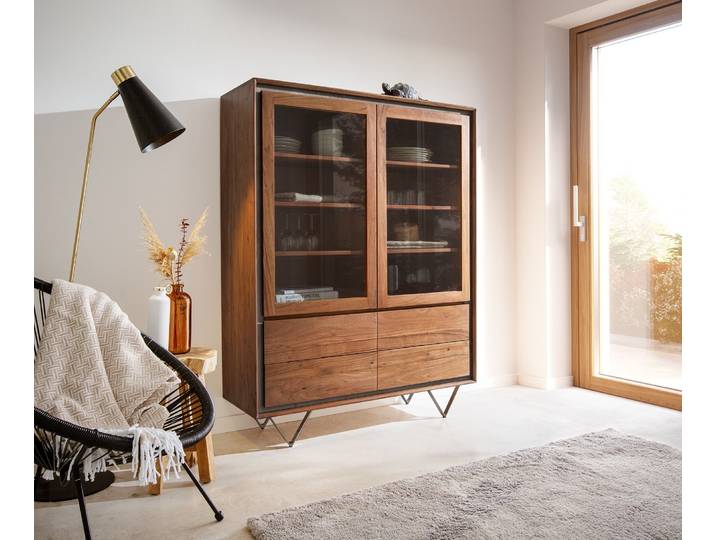 Vitrine Stonegrace 120x150 cm Akazie Braun Steinfurnier 2 Türen 4 Schubladen V-Fuß Schwarz, Vitrinen