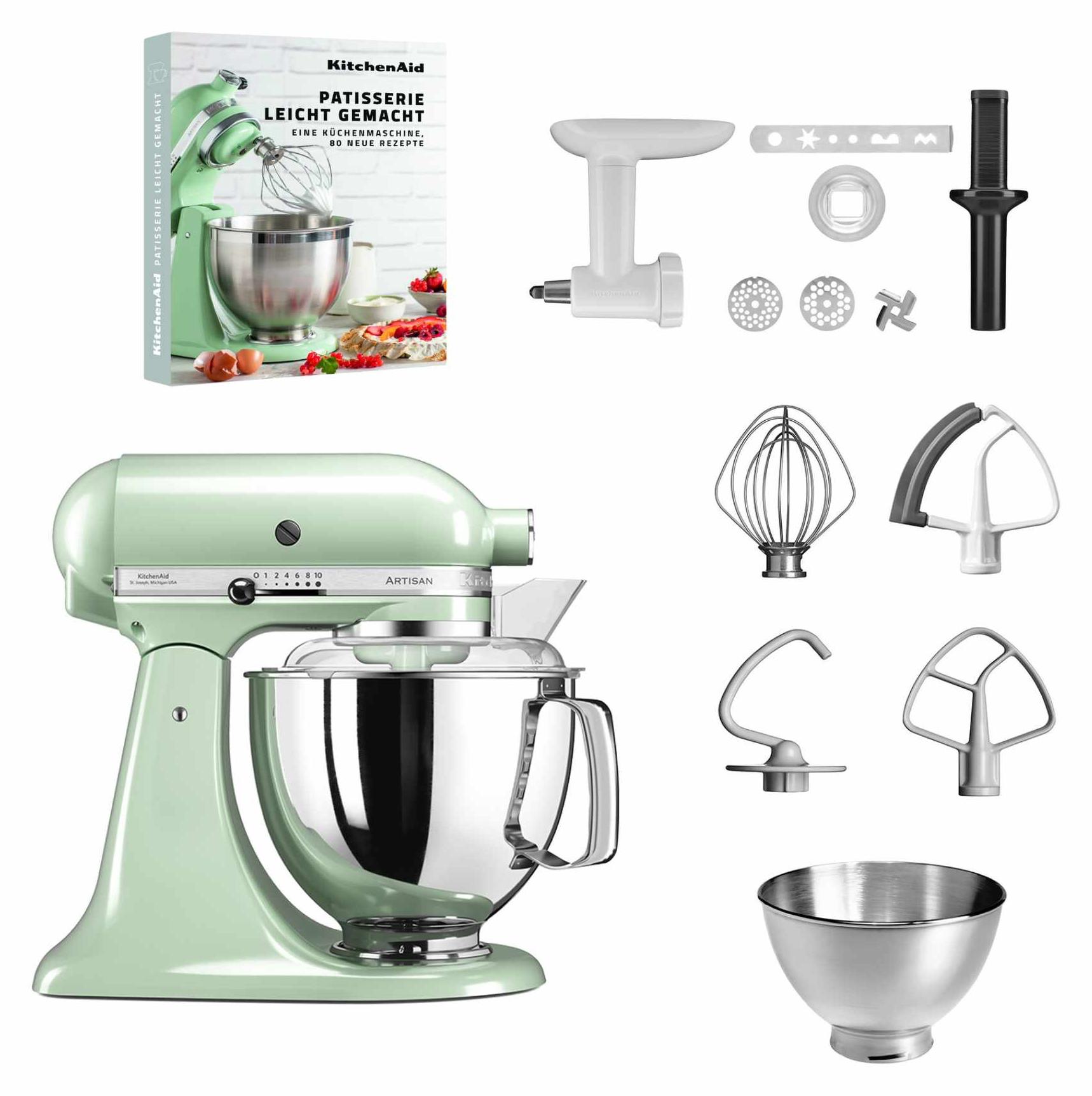 KitchenAid 4,8 L 5KSM175 Artisan Küchenmaschine Pastrylover mit Kunststofffleischwolf+Spritzgebäckvorsatz und Patisserie Buch Pistazie