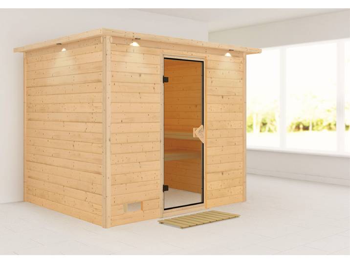 Sauna KARIBU Soraja , beige (naturbelassen), ohne Ofen, (ohne Ofen), Saunen, Sauna, ohne Ofen