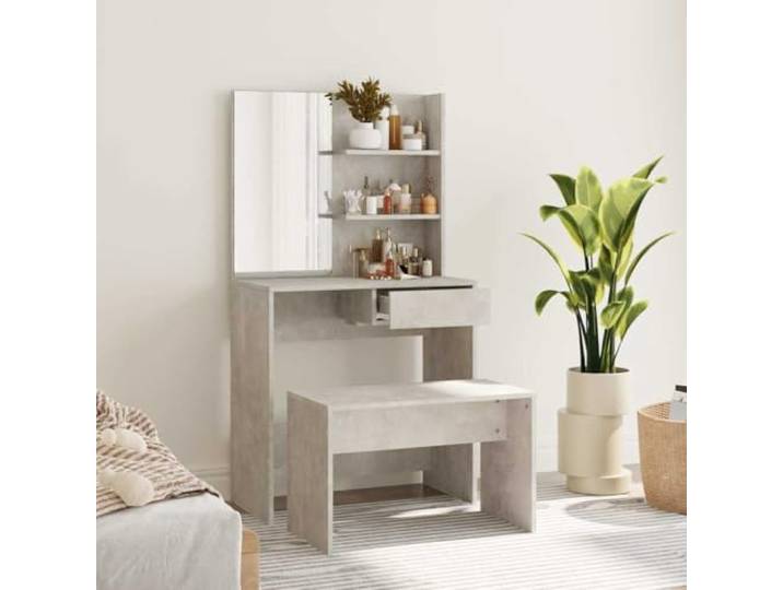 Schminktisch-Set, betongrau, 74,5 x 40 x 141 cm, mit Hocker Schminktisch mit Spiegel, Holzwerkzeug, Aufbewahrung von Kosmetik, Schmuck, Schlafzimmer, Umkleidekabine