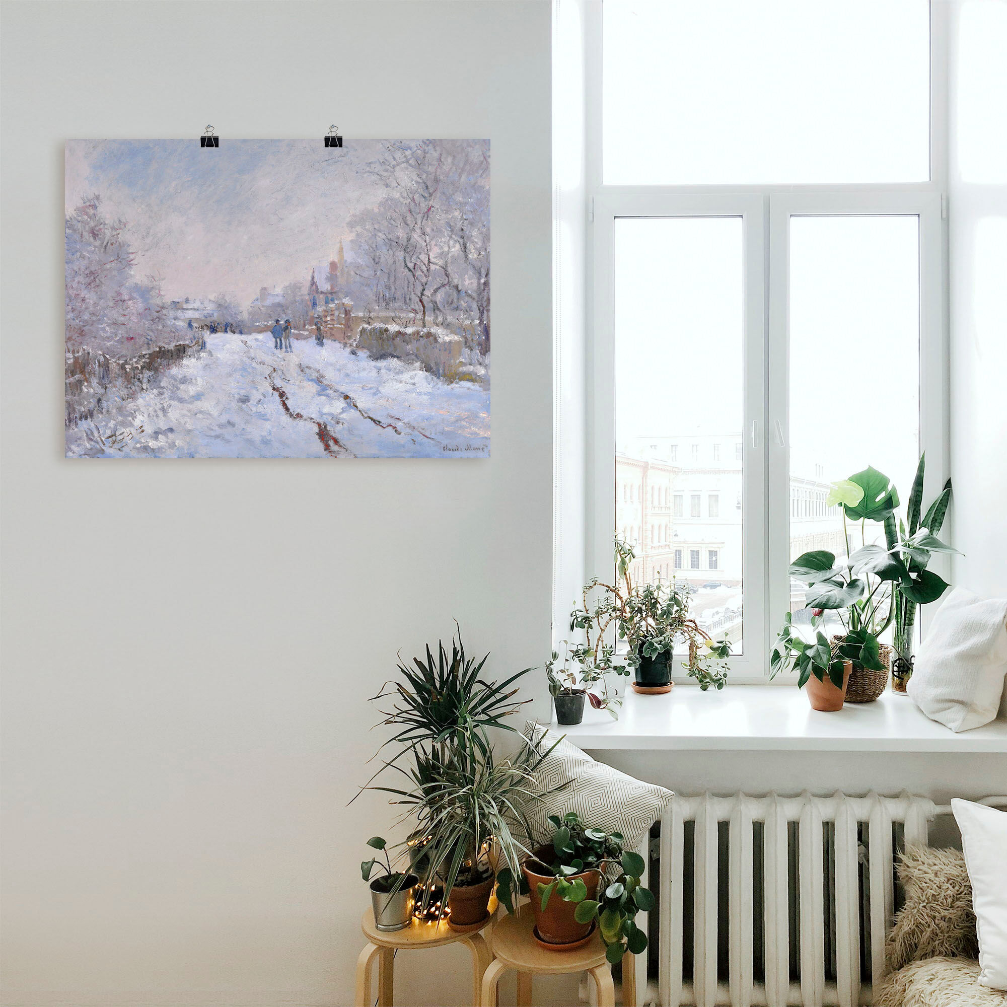 Poster ARTLAND "Schnee in Argenteuil.", blau (farbe bild(er): blau), B:40cm H:30cm, Bilder, Poster, ohne Rahmen farbe bild(er): blau B/H/T: 40cm x 30cm, Poster Vier Jahreszeiten Bilder Querformat, 1 Stk.
