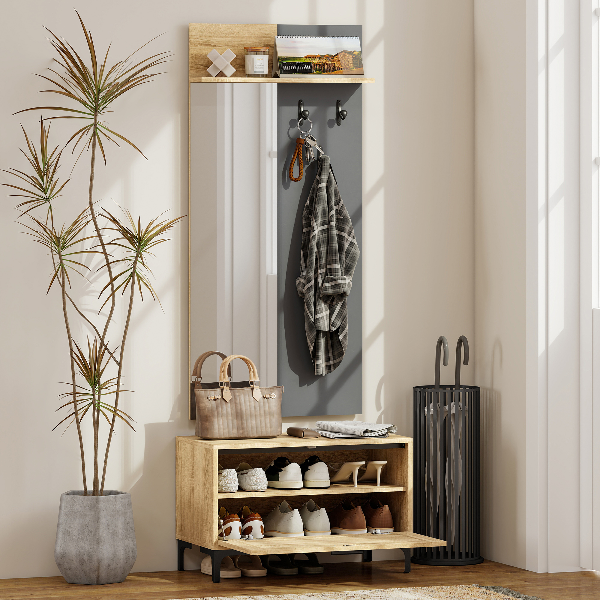 Homcom Set appendiabiti per ingresso, con panca scarpiera, specchio, 3 ganci, mensola aperta, Legno naturale e grigio   Aosom Italy