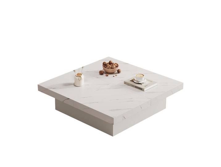 Evryae Couchtisch mit 4 Schubladen & Schiebefunktion, Marmoroptik Weiß, Spanplatte, 30 kg Tragkraft, Quadratisch,Quadratisch, 90x25x90 cm, Wohnzimmer, Wohnzimmertische, Couchtische