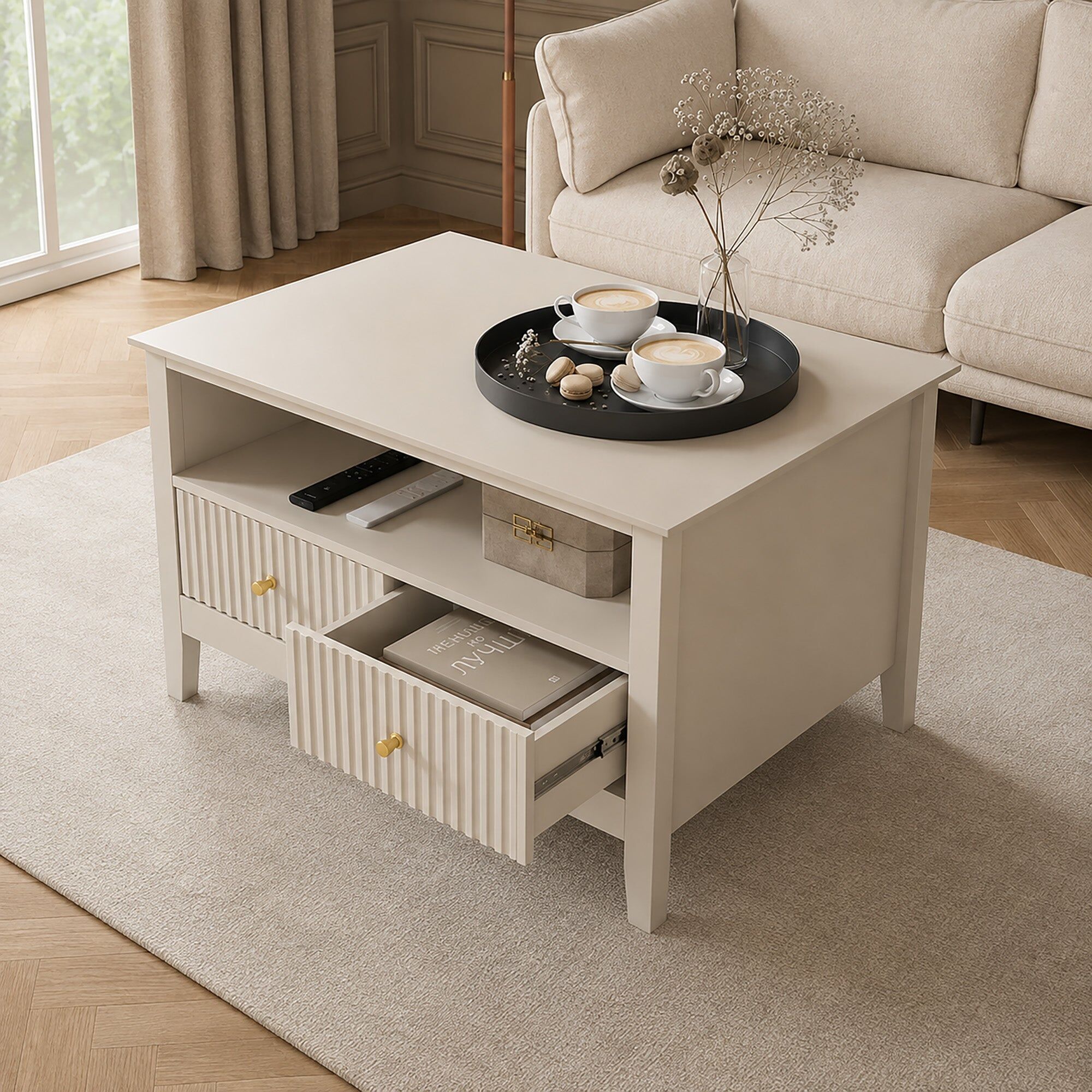 Fluted Four Drawer One Shelf Coffee Table - Hales Taupe Range Manufactured Wood, Metal
