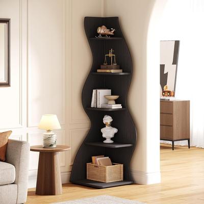 BLUEBELL 5-Tier Curved Wavy Corner Bookshelf, Freestanding Plant Stand Bookcase for Living Room