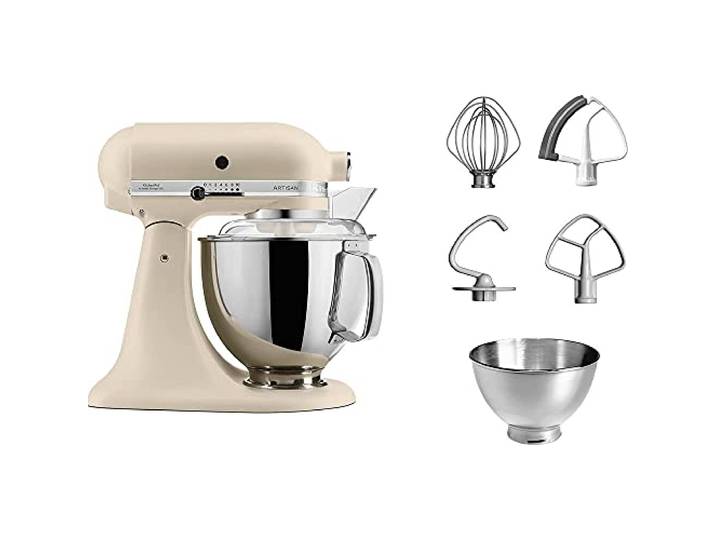 KitchenAid Artisan Küchenmaschine 4,7L mit 2 Schüsseln Fresh Linen Von Sauerteig bis Baiser mit 5 Zubehörteilen und Flexi-Rührer mit Abstreifkante; ikonisches, langlebiges Metalldesign