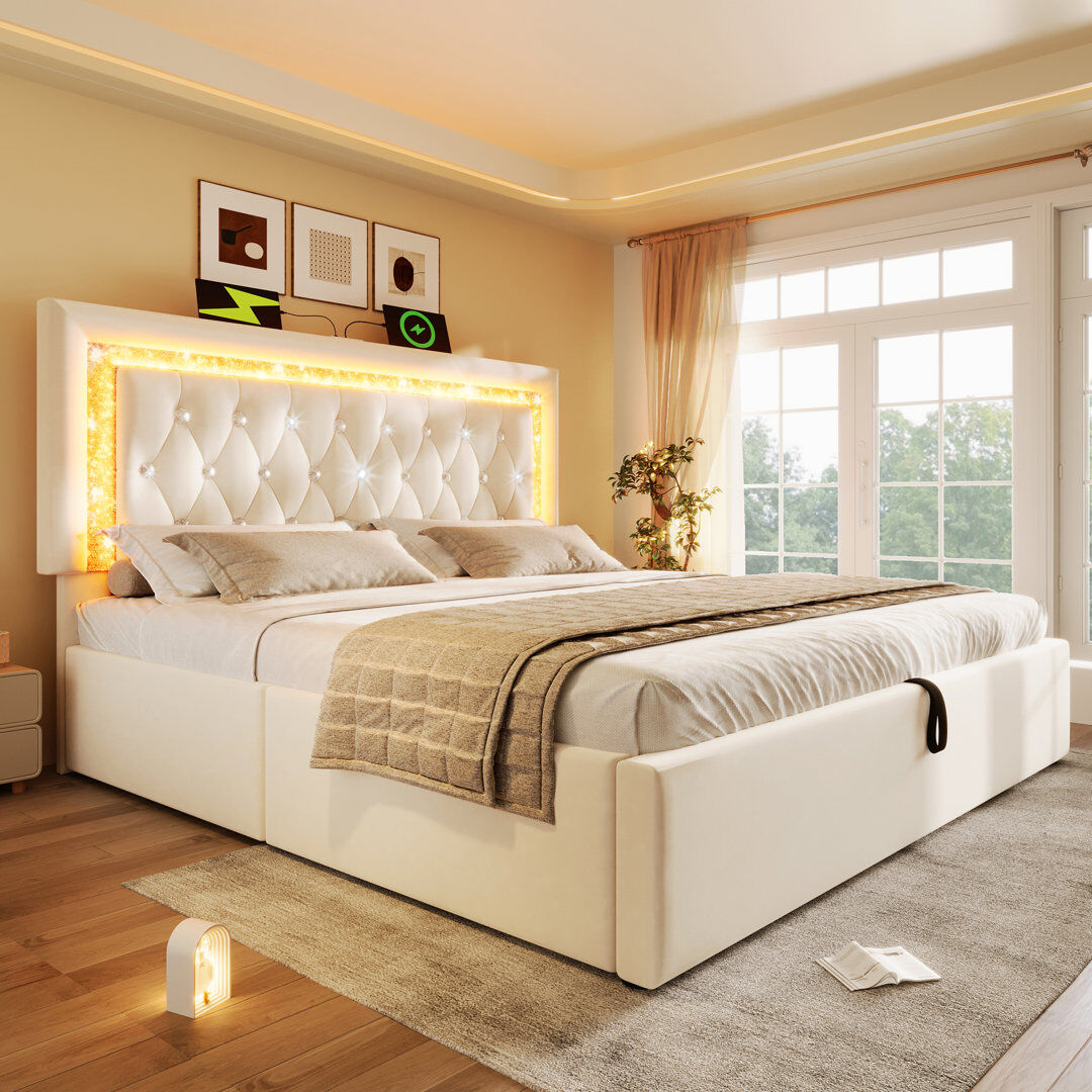 Canora Grey Upholstered Velvet Lift Up Storage Ottoman Bed Beige Kingsize (5')