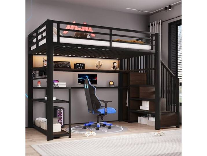 BTM Metall Gaming Hochbett 90x200 mit Schreibtisch, Kleiderschrank & LED Hochbett Jugendliche mit Stauraum, Schwarz