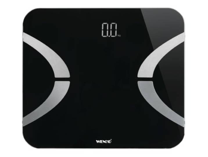 WENKO Körper-Analysewaage LED, Körperfettwaage für Körperfettanteil, Körperwasseranteil, Muskelmasse, Knochenmasse, BMI, Viszeralfett & Stoffwechsel, Bluetooth Personenwaage, Sicherheitsglas, Schwarz