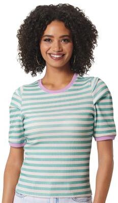 Masseys Puff Sleeve Ribbed Tee (Size 4X) Vintage Seafoam/Bone/Pink, Cotton,Elastine