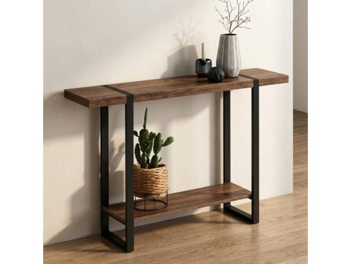 Weiwehome Moderner Konsolentisch für Flur, schmaler Beistelltisch aus Holz Massivholz-Platte, schmales Design, stabiles Metallgestell, Flur & Wohnzimmer(31.5in*9.8in)