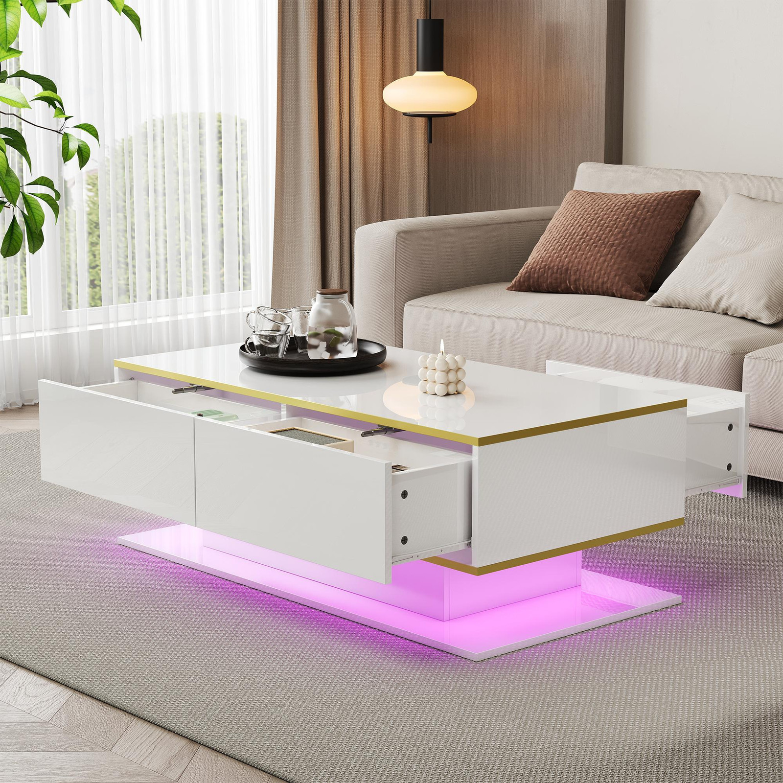 Merax Hoogglanzende LED-salontafel met gouden decoratie, wit met 3 lades en 1 open vak