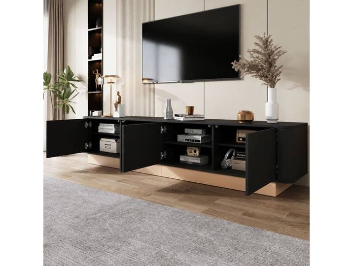 Meuble TV noir Norevia 200 cm 4 portes rainurées et étagères réglables MDF