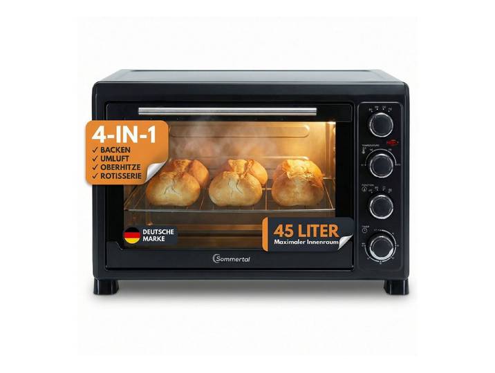 Sommertal Multiofen Sommertal Minibackofen 45L mit Drehspieß & Umluft, 2000W, Hähnchengrill, Backen, Grillen & Pizza, 45 Liter, inkl. 7-tlg Zubehör