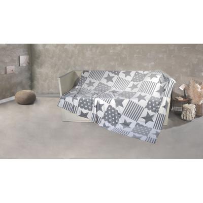 Wohndecke KINZLER "Mikrofaser XXL "Sterne-Karo", grau (weiß, grau), B:220cm L:240cm, Polyester, Wohndecken, Wohndecke, Kuscheldecke, Patchwork Design, Sterne, 220x240 cm