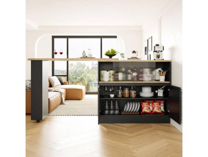 Table de bar extensible rotatif à 360° 90x45x100cm buffet rotatif multifonctionnel avec Étagères et portes de fermeture MDF noir