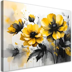 LEINWANDBILD, Gelbe Blumen in einer eleganten schwarz-goldenen Komposition