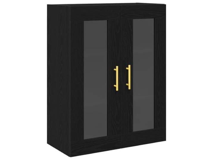 Wandschrank Schwarz Eichen-Optik 69,5 x 34 x 90 cm Holzwerkstoff, goldene Stangengriffe, Glastüren, klare Linien, Wandmontage, Holzregale