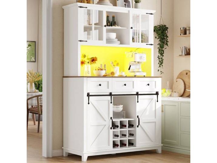 Buffet cuisine blanc 105x38 4x180cm - vitrine LED réglable - étagères ajustables - rangement moderne