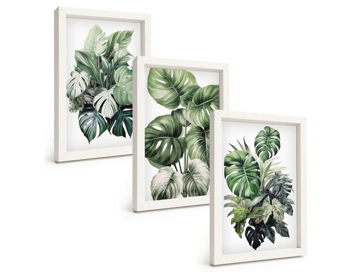 Tulup Bilder SET 3er Set - 20x30 cm Weißer Rahmen - Aquarell von grünen tropischen Blättern, Kunststoff, Rechteckig, 20x30 cm, Fotografie, Bilder & Rahmen, Bilder