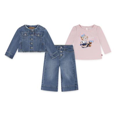 Shirt, Hose & Jäckchen LEVI'S KIDS "LVG JACKET TEE,WIDE JEANS", Mädchen, Gr. 12M (80), rosa (crystal rose), Denim/Jeans, Obermaterial: 64% Baumwolle, 26% Polyester, 8% Viskose, 2% Elasthan. T-Shirt: 60% Baumwolle, 40% Polyester, KOB Set-Artikel,...