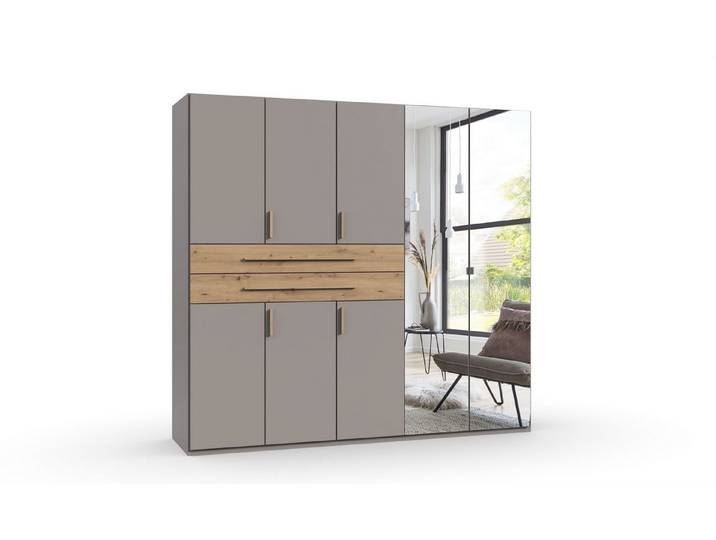 freiraum Drehtürenschrank DIGIT in SAHARAGRAU / EICHE / SPIEGEL - 225x208x58cm (BxHxT)