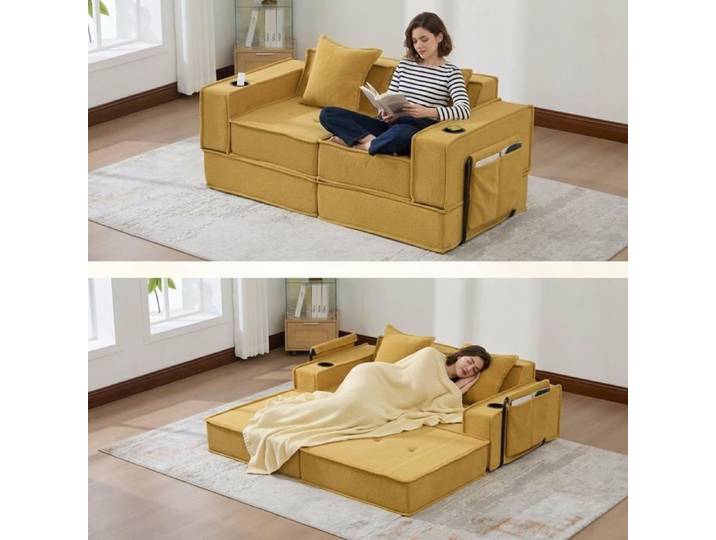 Canapé Convertible 2 Places Canape lit Modulable avec Stockage Canape Dangle Convertible Sofa Tissu Doux pour Salon Jaune
