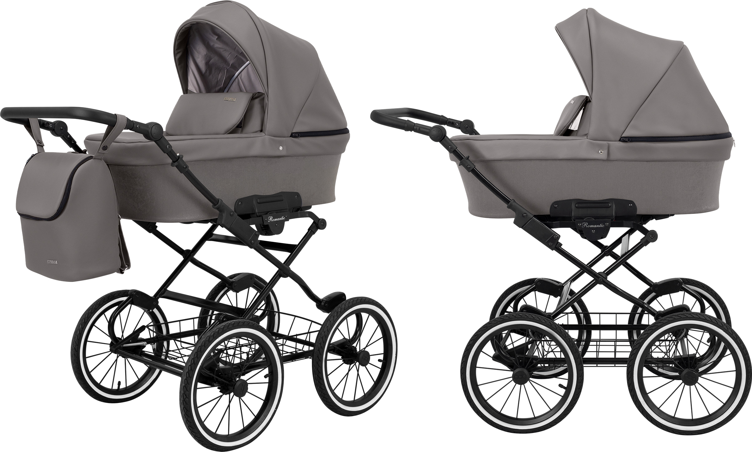 Kinderwagen ROMANTIC Babywagen Babyschale Kinder Wagen Set 1 in 1 (graphit eco, Rahmenfarbe: schwarz Rahmen)