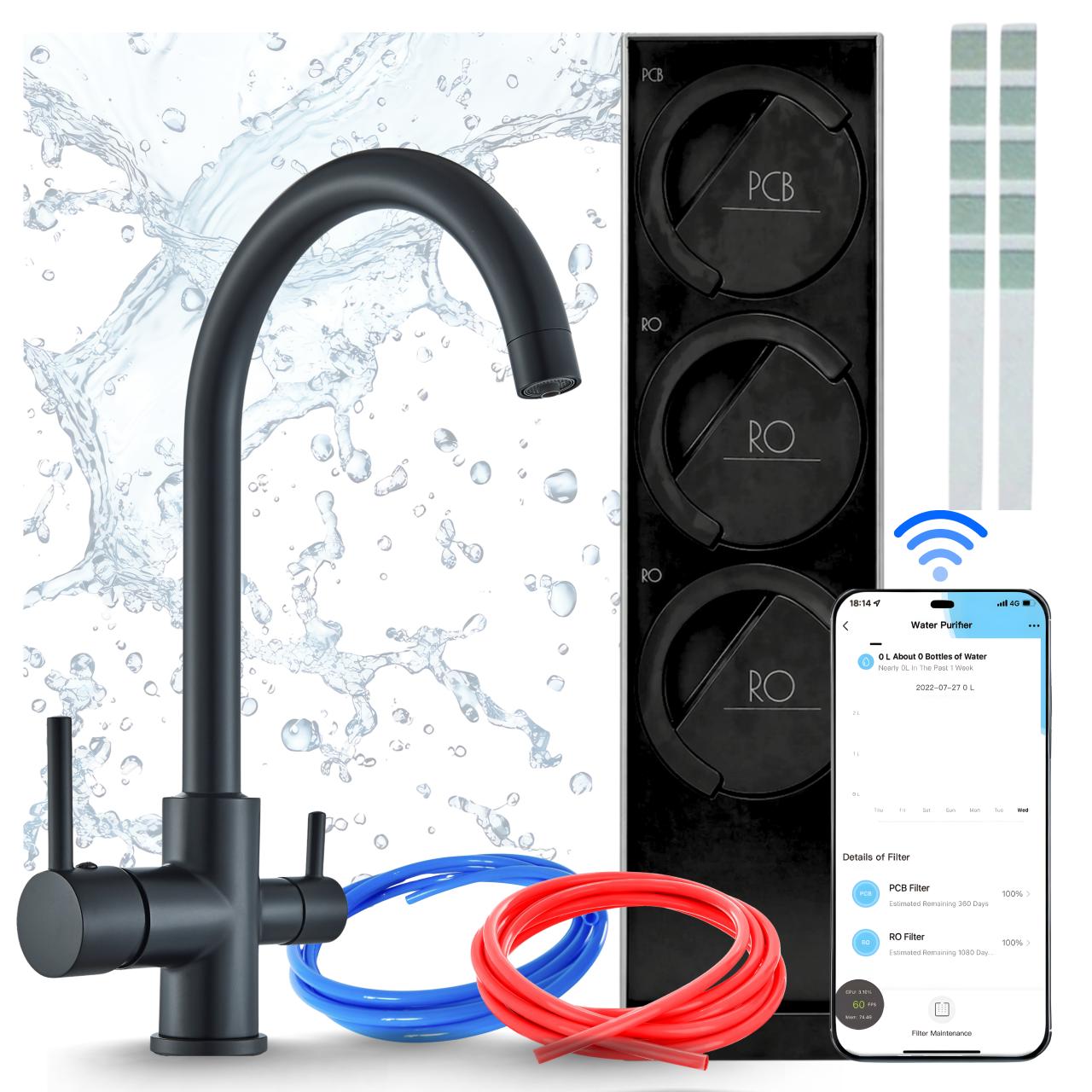 Wasserfilteranlage Mit Kuechenarmatur Ari Linko, Umkehrosmose 800 Gpd Mit Wifi, Zweigriffarmatur, Perlator, Messing, Schwarz Matt, 360 Grad Schwenkbar