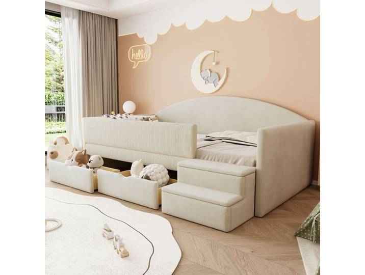 Lit Banquette Enfant - MERAX - avec 2 Tiroirs et Marches - 90x190 cm - Velours Beige - MERAX