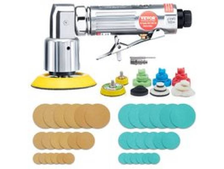 VEVOR Mini Ponceuse Pneumatique 1/2/3 po 25/50/76 mm Ponceuse Orbitale Aléatoire Vitesse 15000 tr/min Kit Ponceuse Voiture Carrosserie 58 PCS avec Éponges Ondulées Papiers de Verre Tampons de Laine