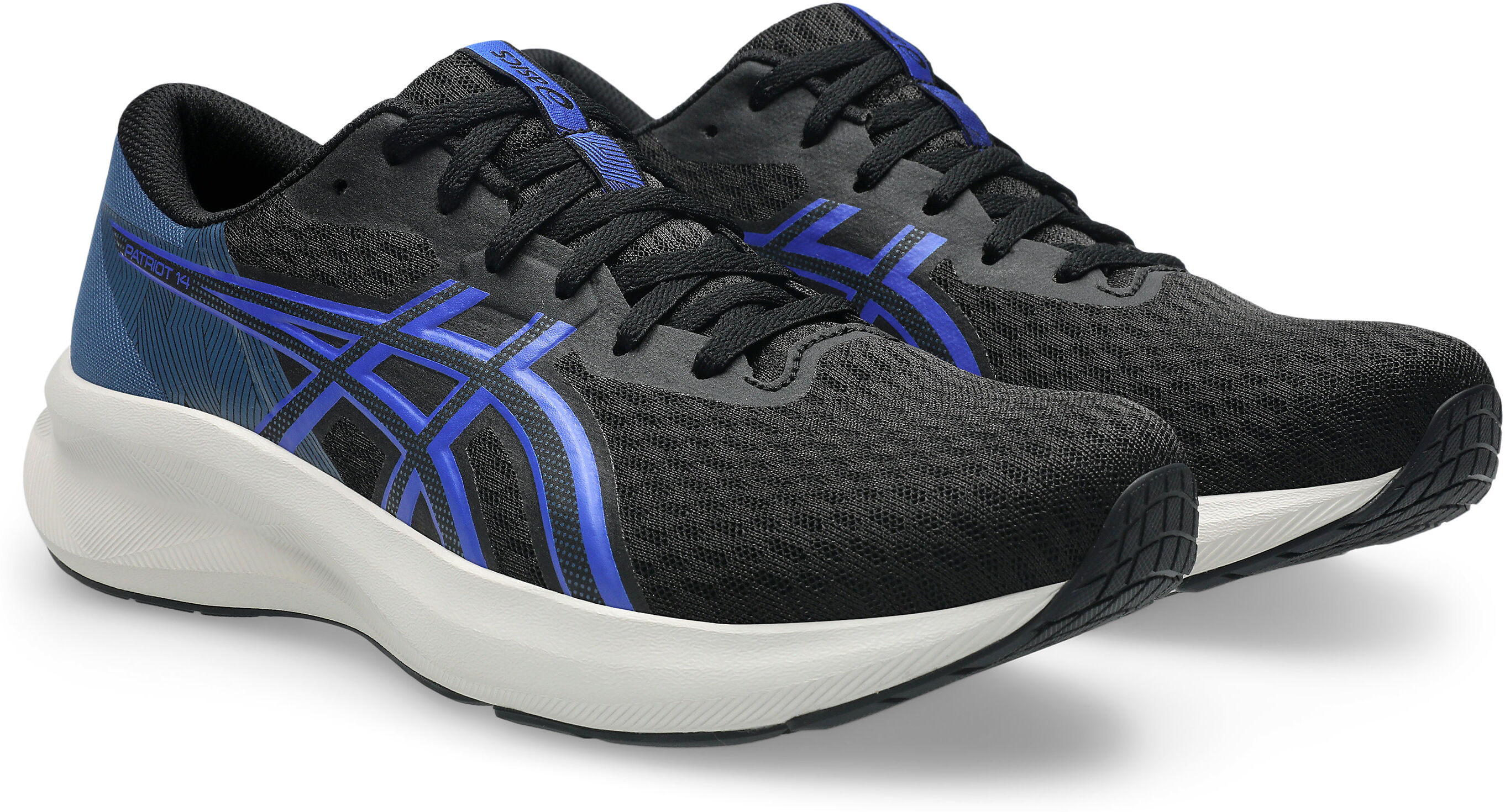Laufschuh ASICS "PATRIOT 14", Herren, Gr. 48, blau (schwarz, neon blau), Synthetik, Schuhe Laufschuh, atmungsaktives Mesh-Obermaterial, Energiegeladene Mittelsohle