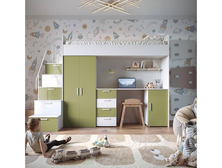 Compleo Jugendbett mit Arbeitsbereich Hochbett, Modern Kinderzimmer STARS