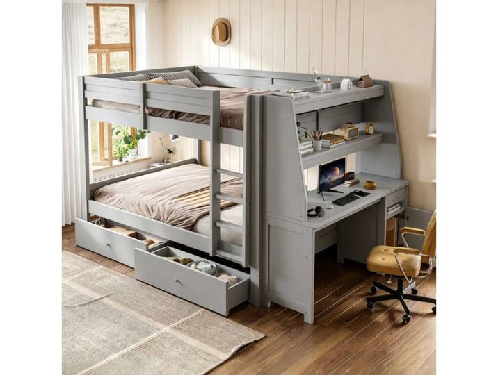 Lit Superposé Enfant 140x200 cm avec Armoire Latérale Bureau Étagères Tiroirs et Rangement - Gris