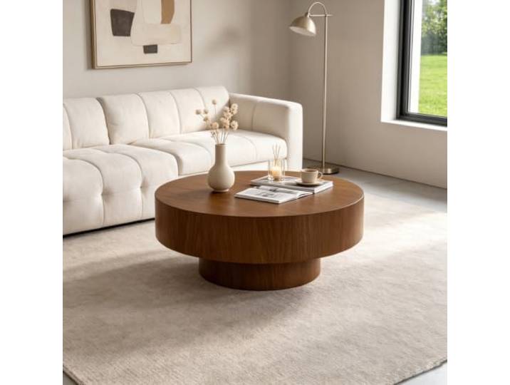 YPDOPORA Runder Couchtisch aus Holz,Brauner Trommel Couchtisch Moderner Runder Couchtisch Mit Stabilem Sockel Geeignet für Wohnzimmer,Wohnungen,Kleine Räume