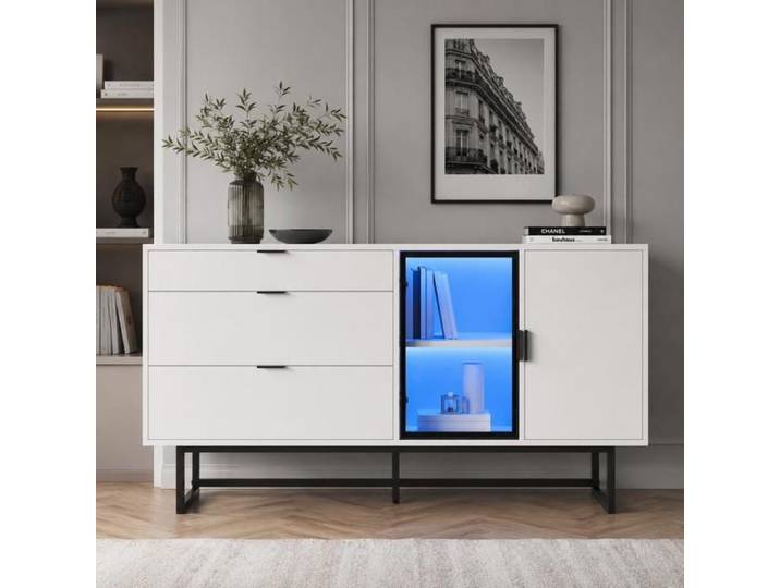 Buffet Salon COZHYESS 160x36x78 cm Bahut Vitrine avec LED 3 Tiroirs Portes en Verre Rangement Moderne - Blanc