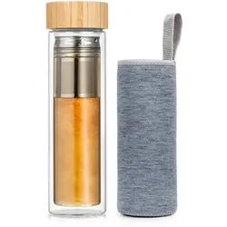 Klarstein Teeflasche mit Deckel und Sieb 500 ml doppelwandiges Glas Bambus  Hülle Klarglas
