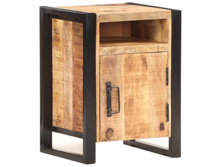 KDVXBCQJH Nachttisch 40x35x55 cm Massivholz Mango Beistelltisch Rustikaler Nachttisch fürs Schlafzimmer mit Stahlgestell, Schranktür und Fächern für geordnete Ablage neben dem Bett.