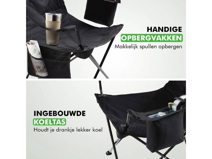 Travelhawk Campingstoel XL - Opvouwbaar - 158 kg draagvermogen - Drankhouder - Koelvak - Zwart