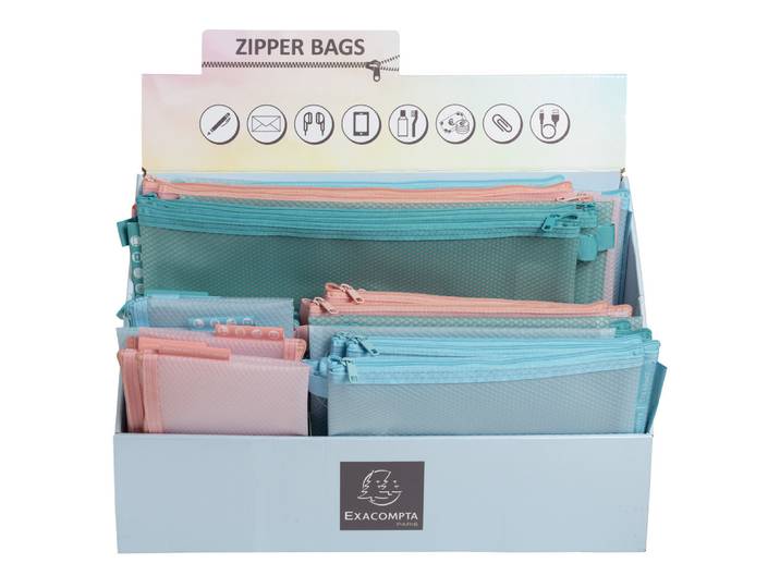 EXACOMPTA Présentoir de 36 pochettes zip A4-A5-A6 Chromaline pastel - Couleurs assorties