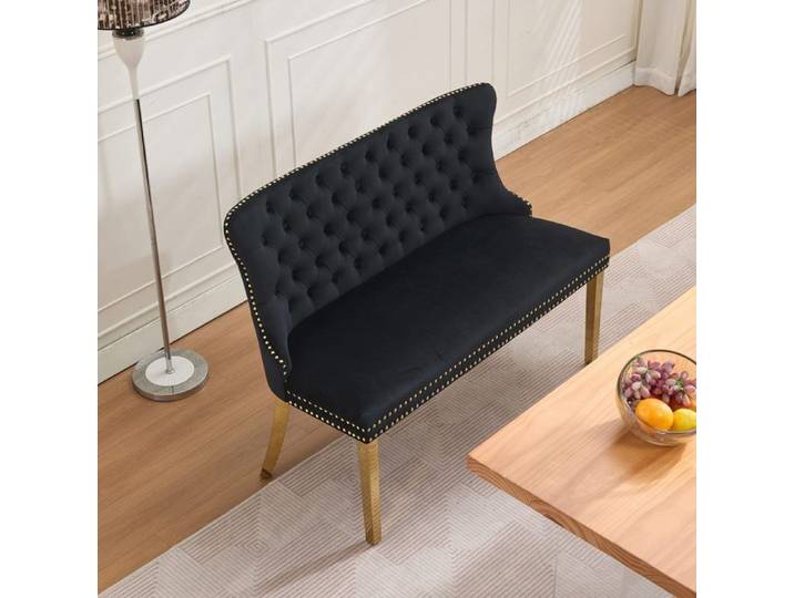 Banquette de Salle à manger 2 Places en Velours avec Pieds Dorés - Banc de Repas Capitonnant de Luxe - en Acier Inoxydable - Noir