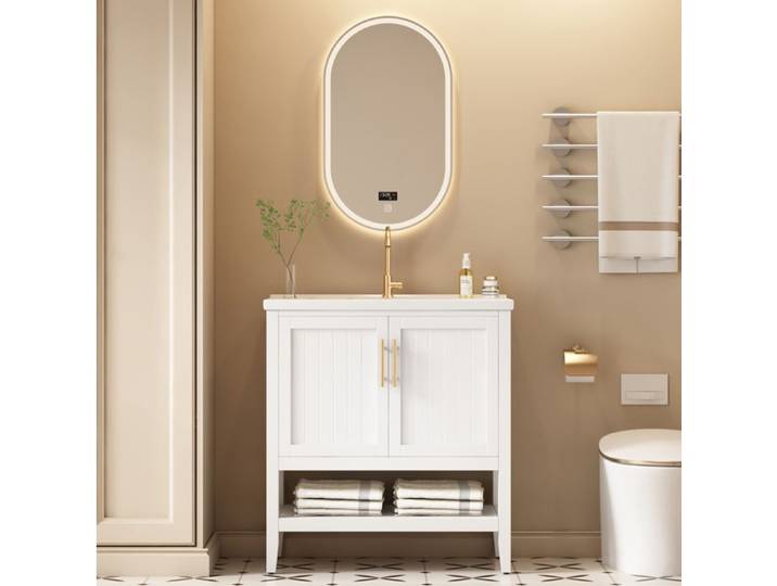 Meuble sous vasque sur pied AESVAR 80 cm avec vasque céramique blanc MDF